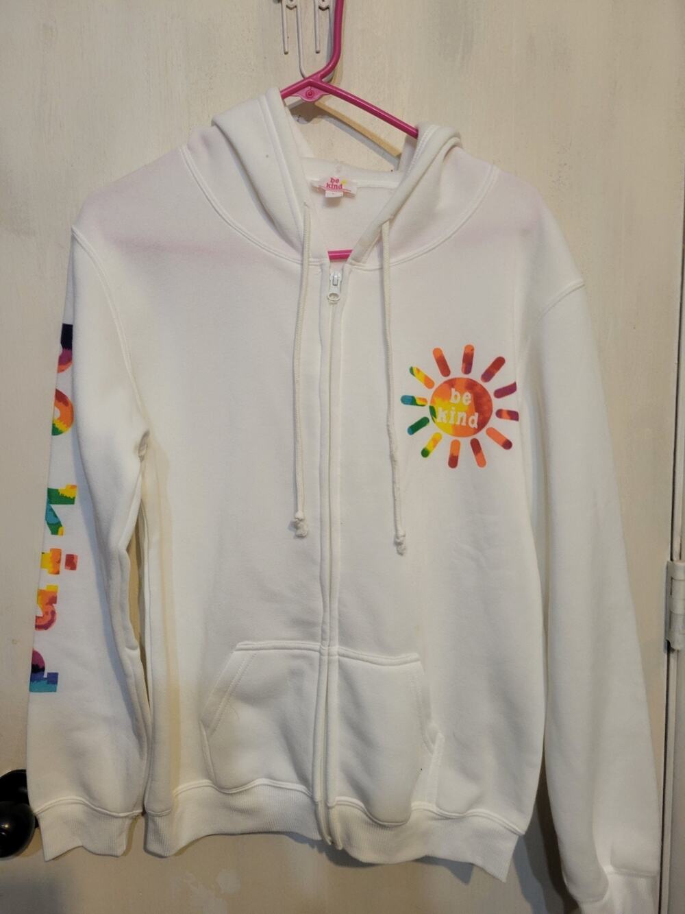 Juniors Large Be Kind White Zip Hoodie Jacket Rainbow